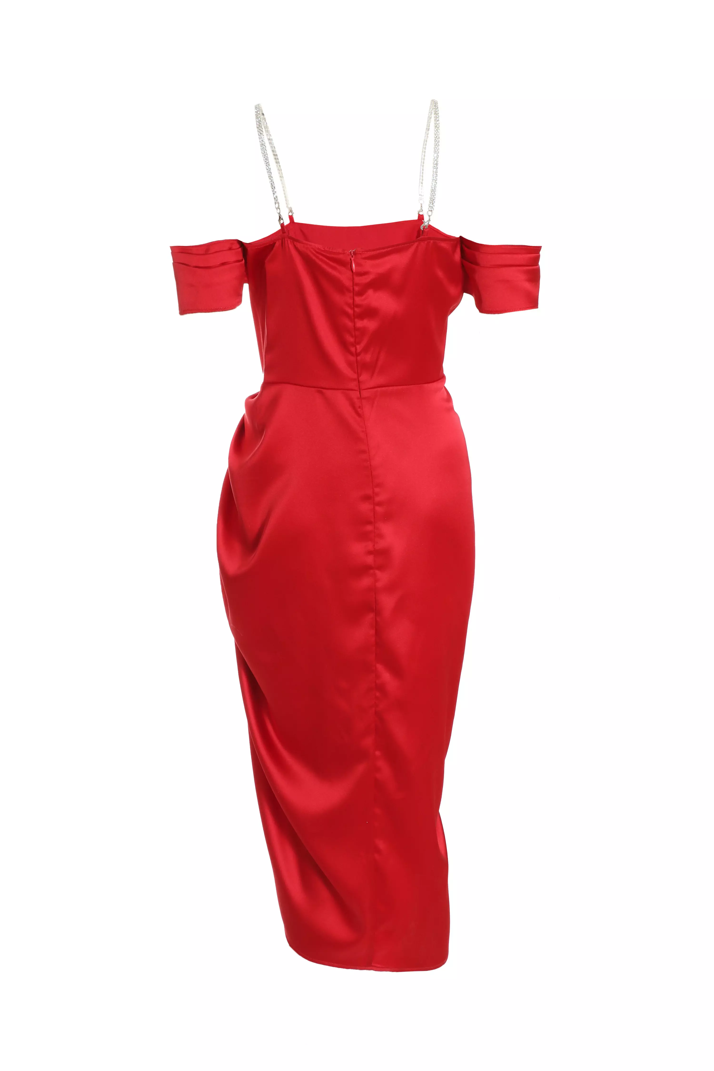Red Satin Ruched Cold Shoulder Midi Dress