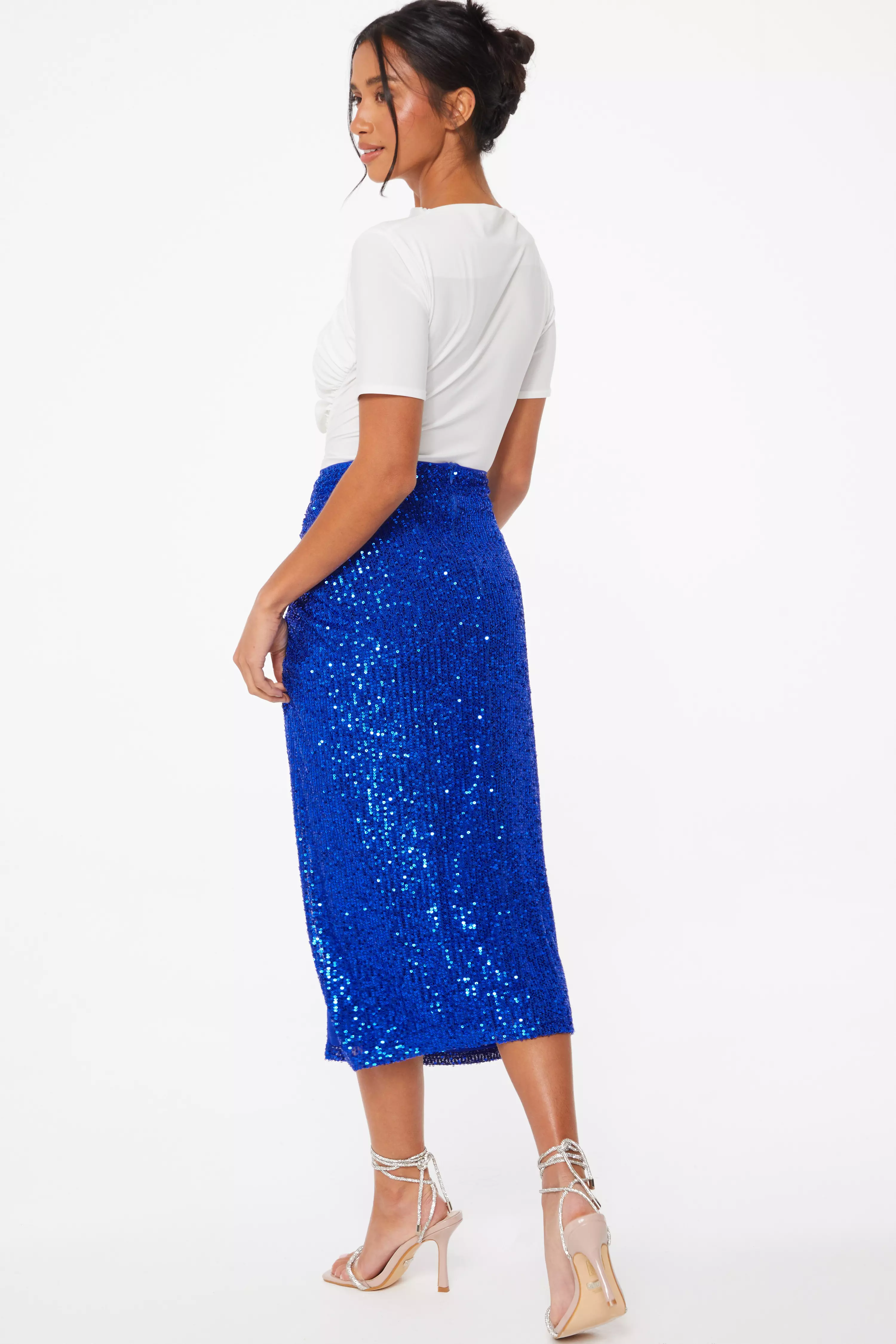 Petite Royal Blue Sequin Ruched Midi Skirt