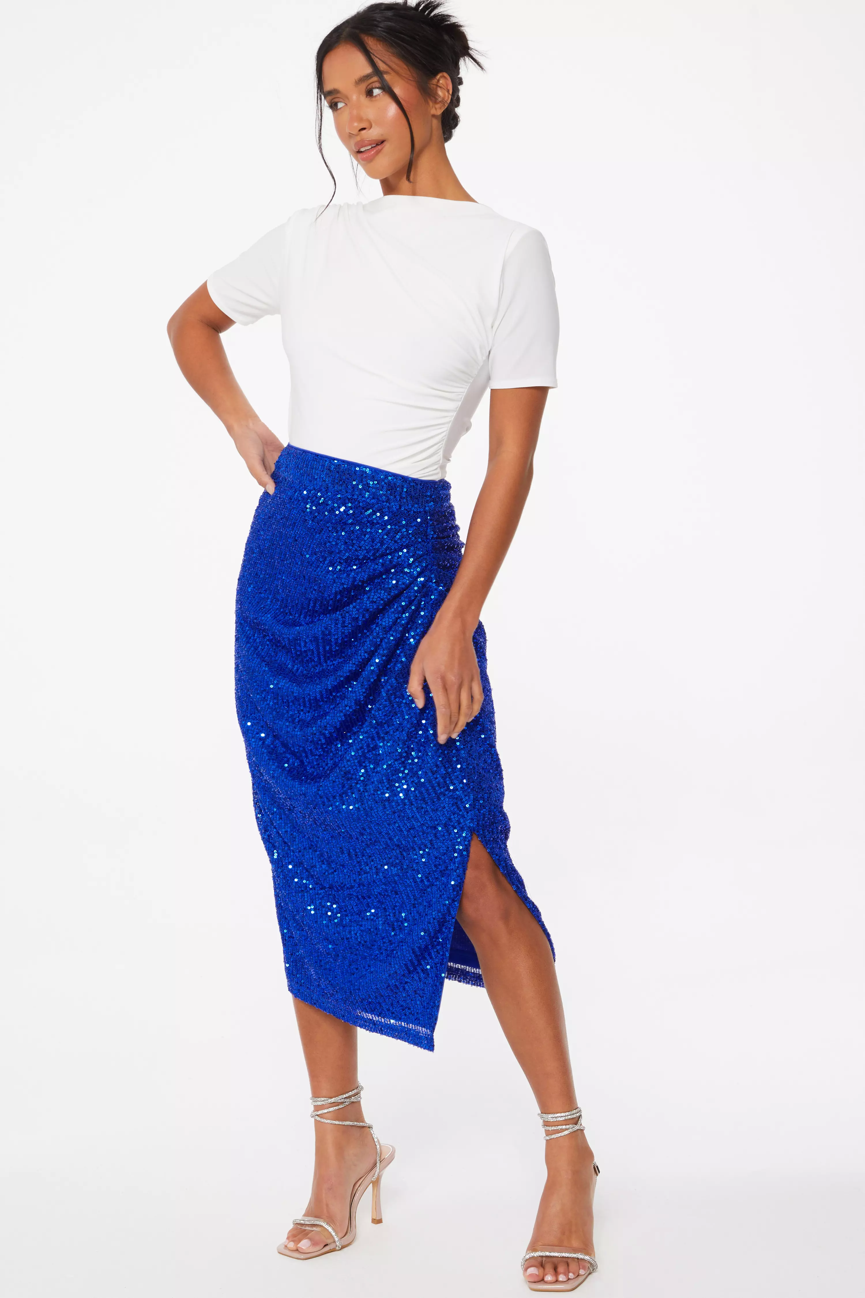 Petite Royal Blue Sequin Ruched Midi Skirt