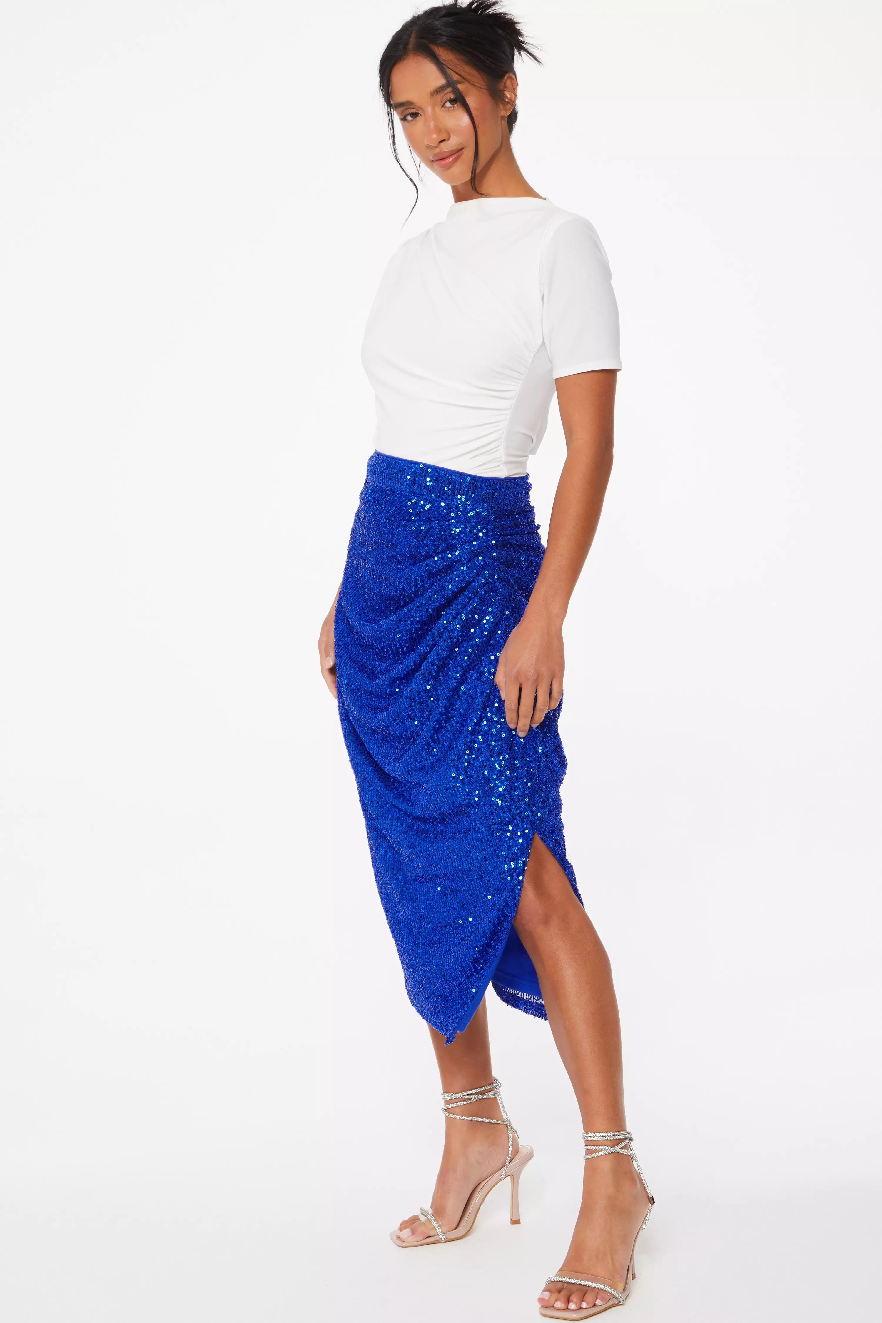 Petite Royal Blue Sequin Ruched Midi Skirt