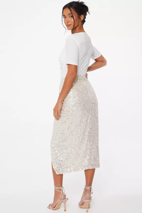 Petite Champagne Sequin Ruched Midi Skirt