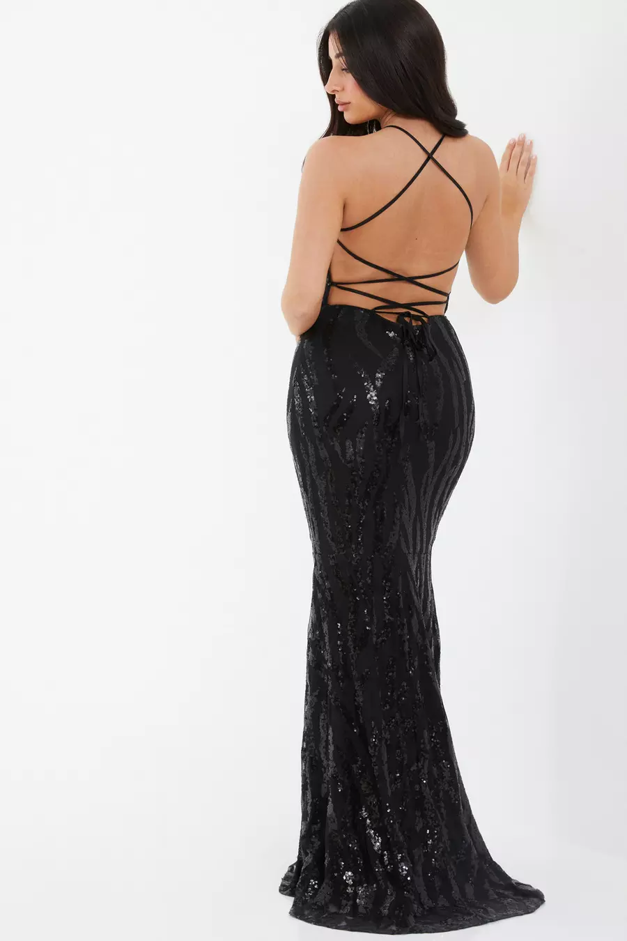 Petite Black Sequin Cross Back Maxi Dress QUIZ Clothing