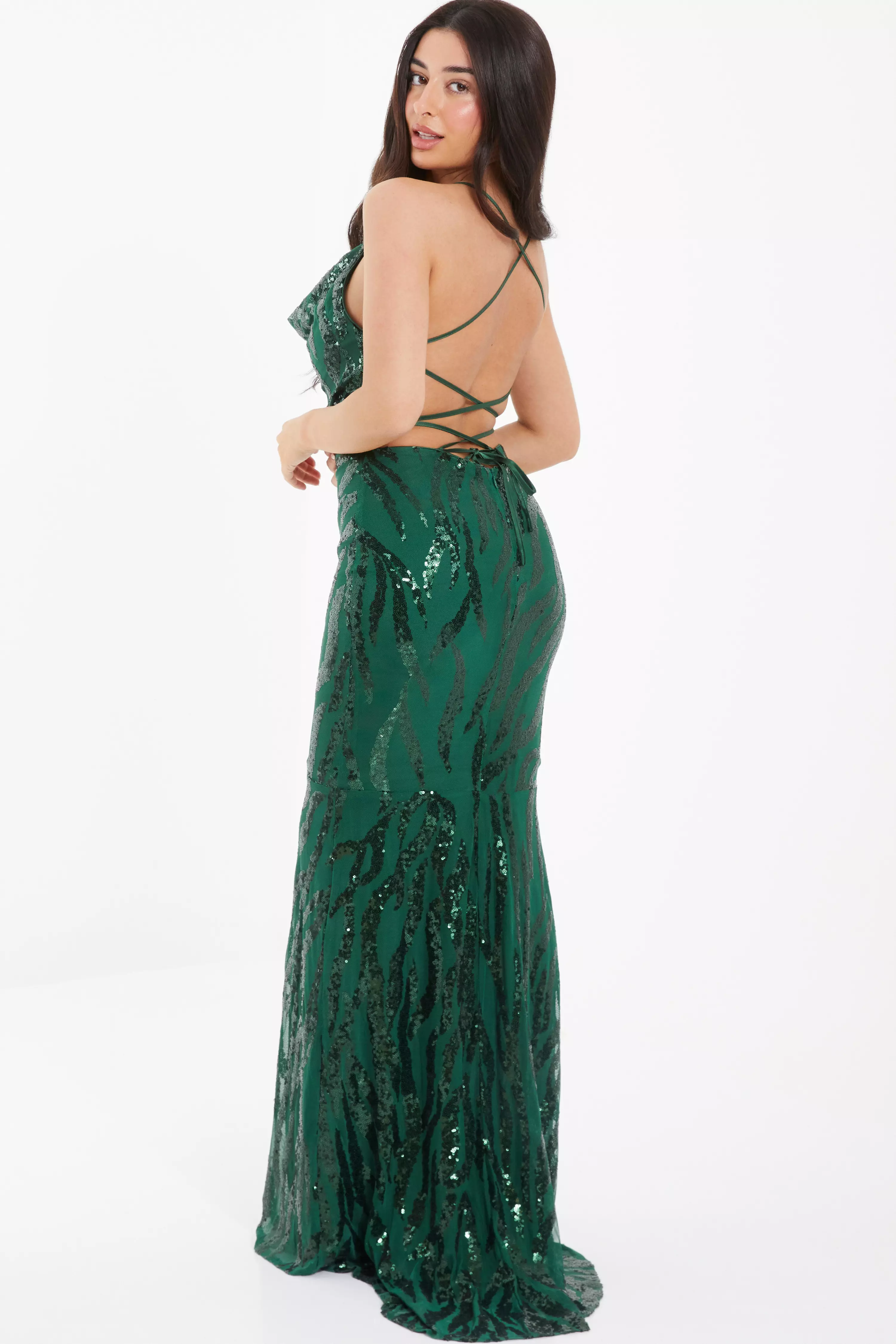 Sequin cross back sales fishtail maxi dress