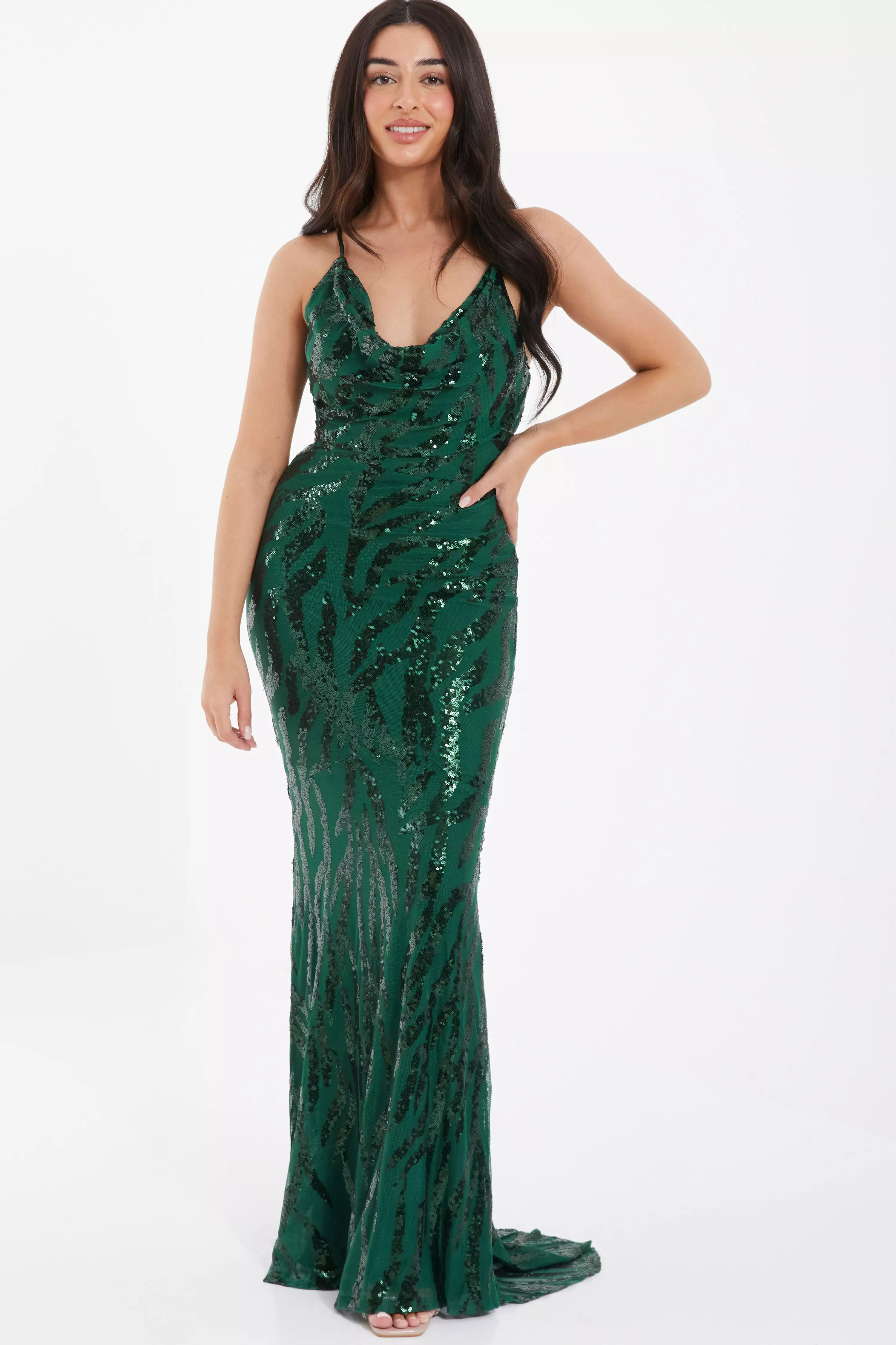 Petite Bottle Green Sequin Cross Back Maxi Dress