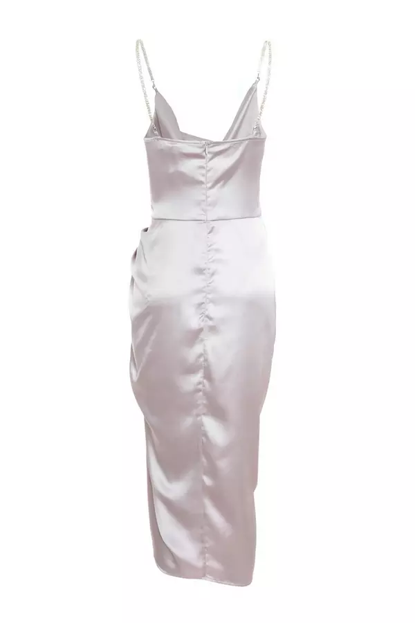 Silver Satin Ruched Midi Dress
