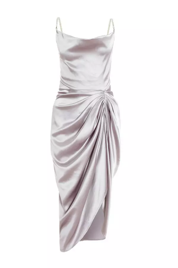 Silver Satin Ruched Midi Dress