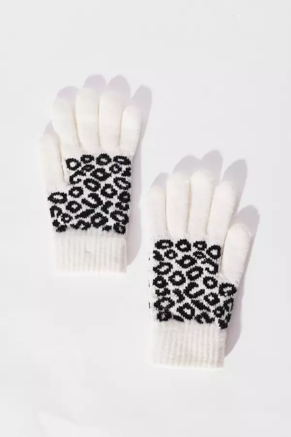 White Leopard Print Knit Gloves