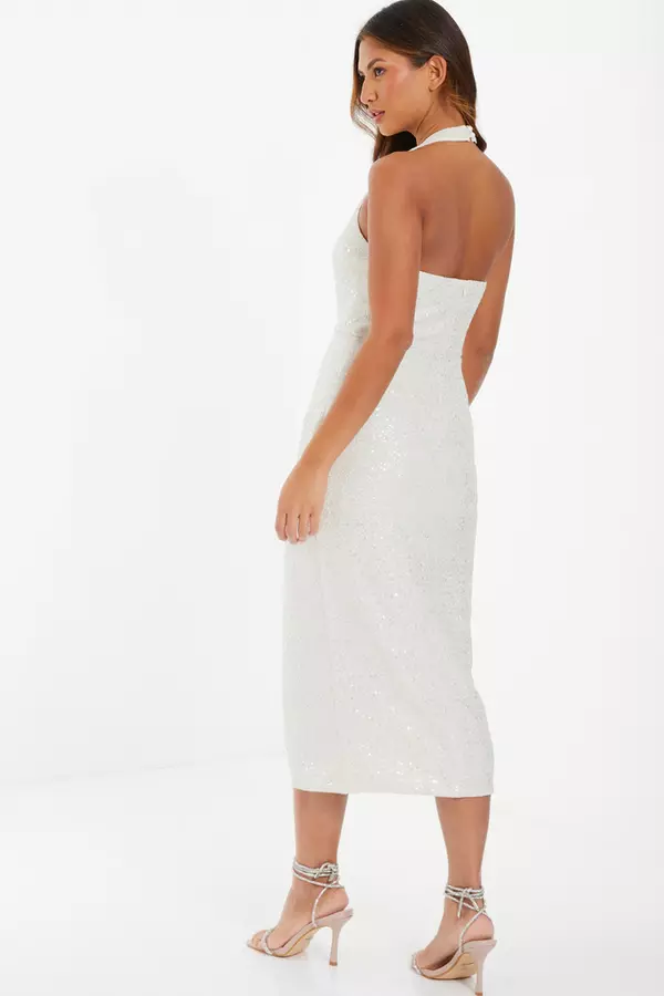 White Sequin Wrap Midi Dress