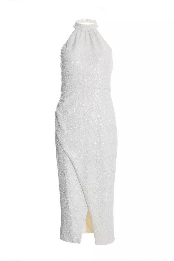 White Sequin Wrap Midi Dress