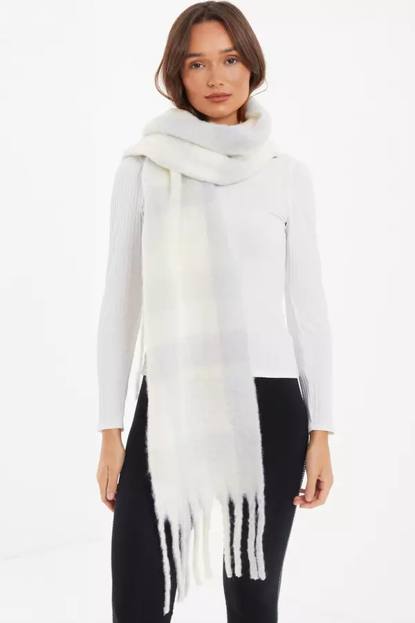 Light Grey Checked Knit Scarf