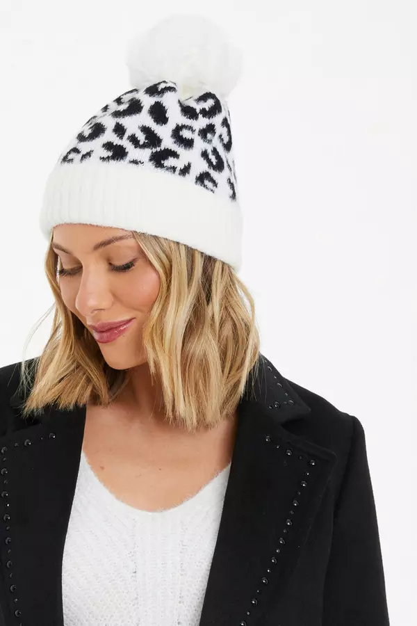White Leopard Print Knit Hat