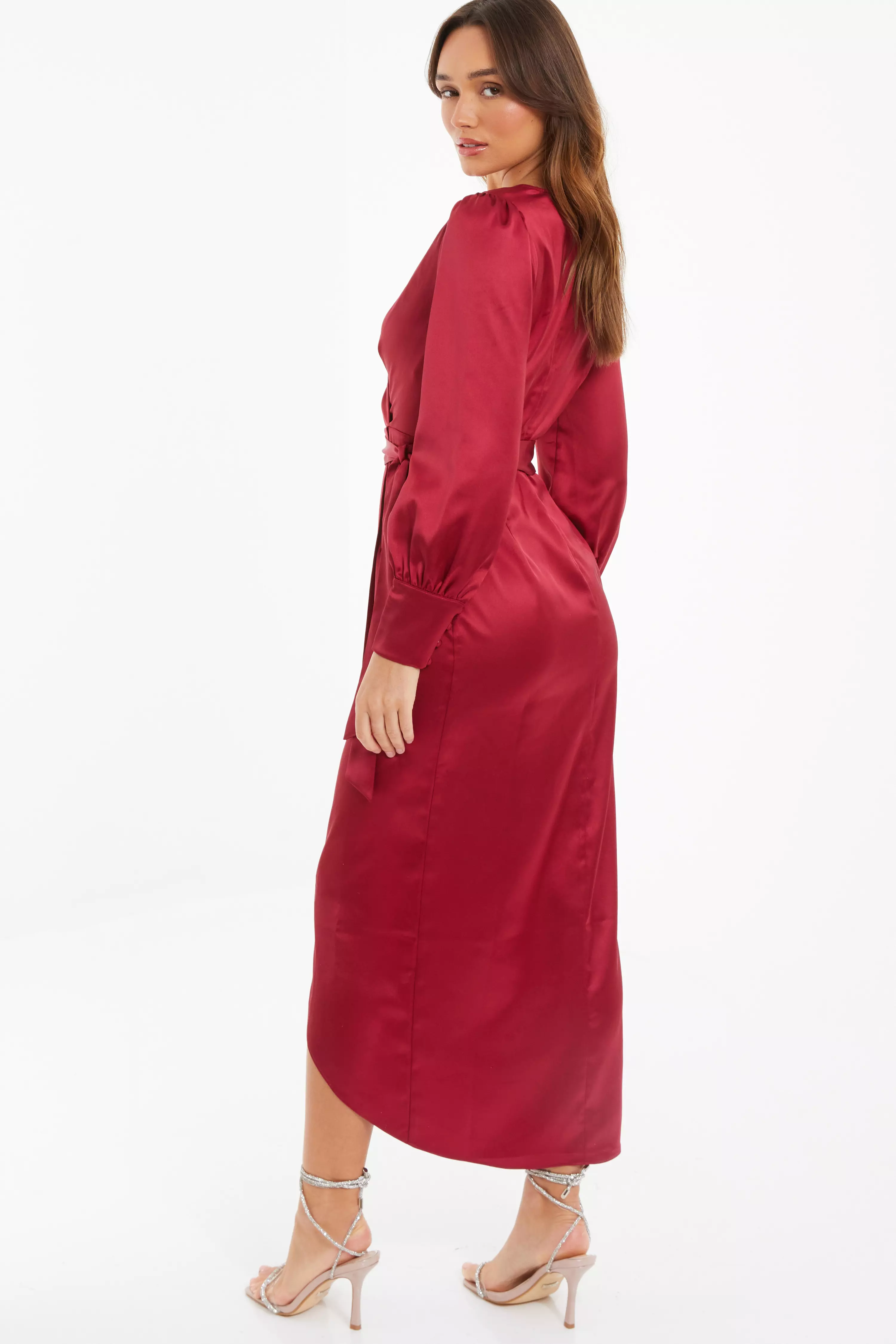Berry Satin Long Sleeve Wrap Midaxi Dress<!-- --> - <!-- -->QUIZ Clothing