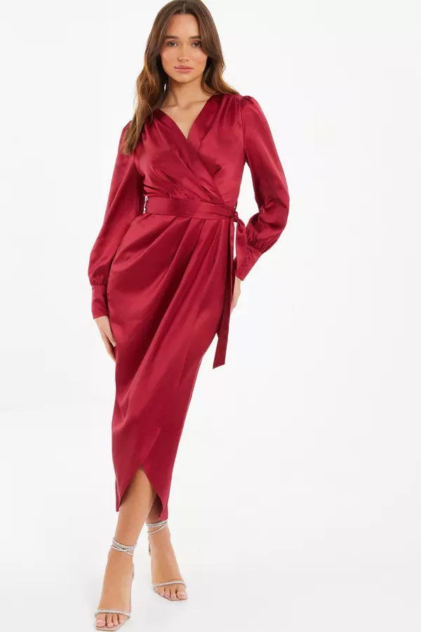 Berry Satin Long Sleeve Wrap Midaxi Dress