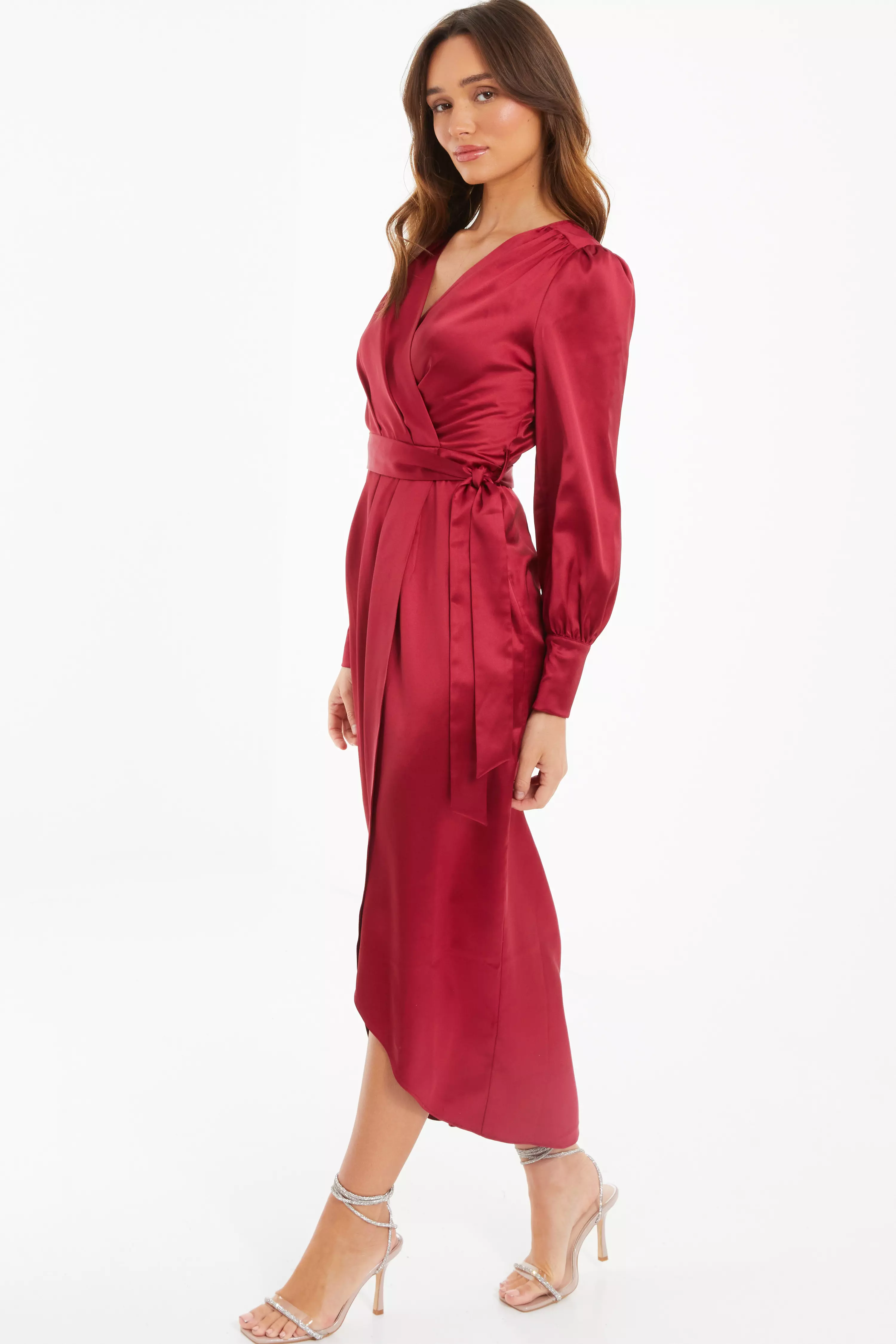 Dark Red Satin Long Sleeve Midaxi Dress