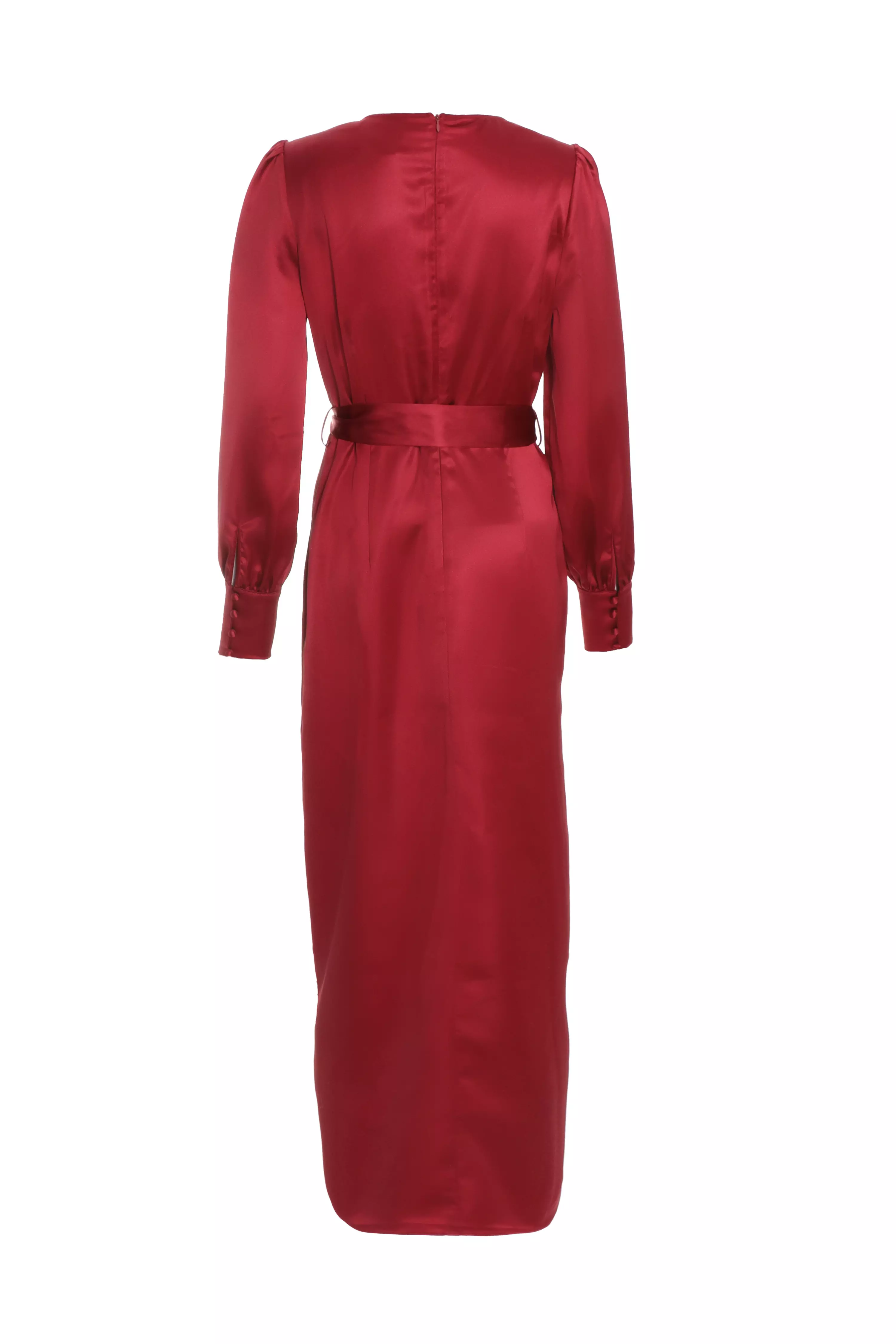 Dark Red Satin Long Sleeve Midaxi Dress