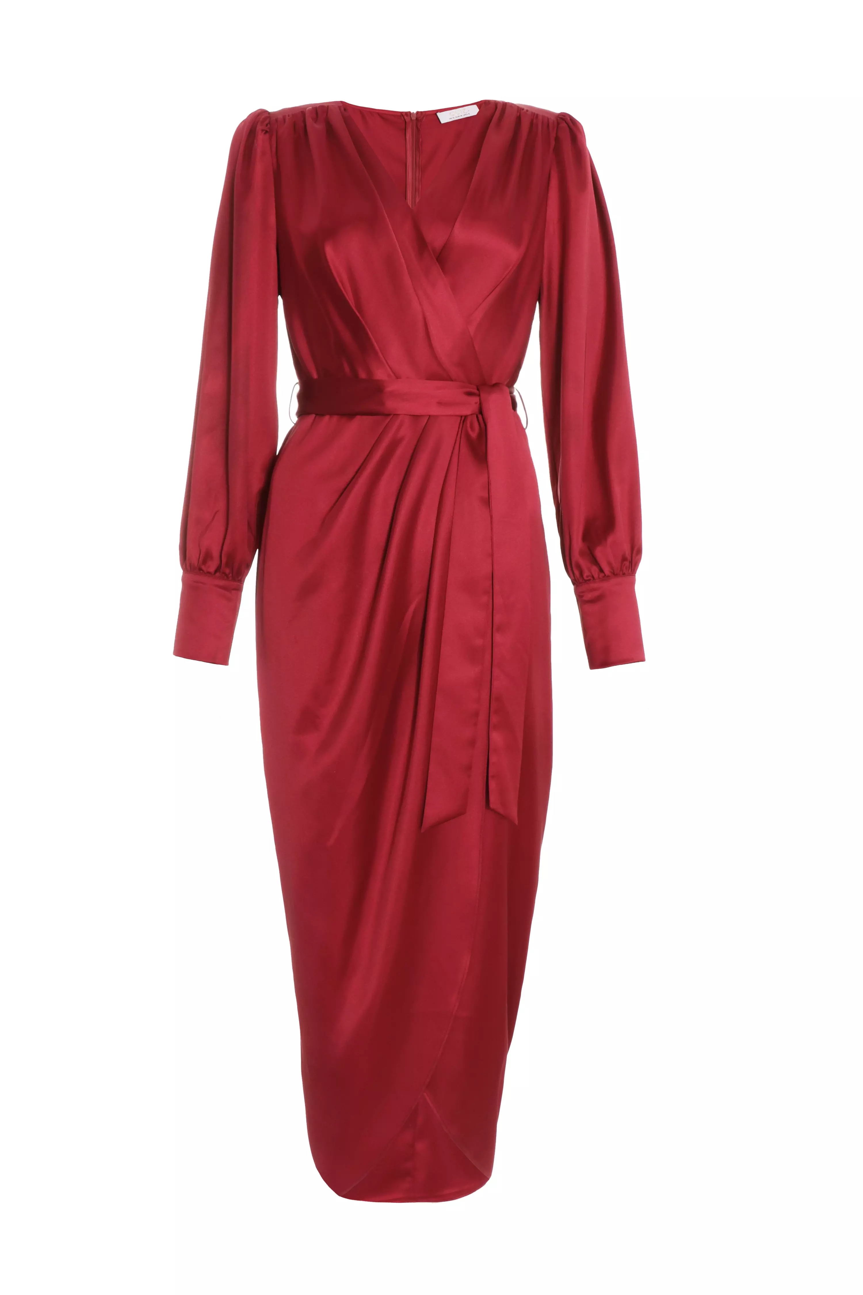 Dark Red Satin Long Sleeve Midaxi Dress