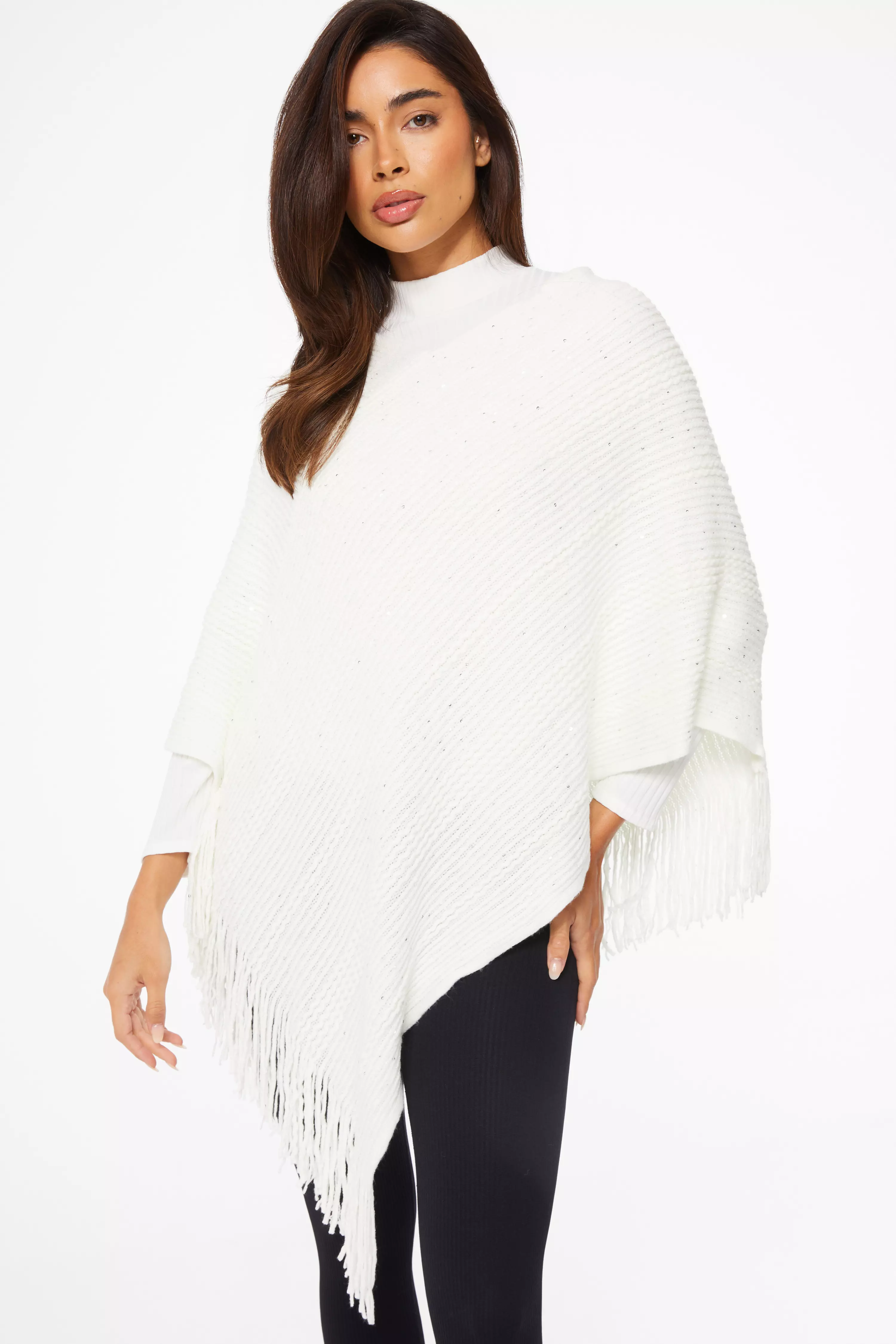 Cream Sequin Fine Knit Poncho