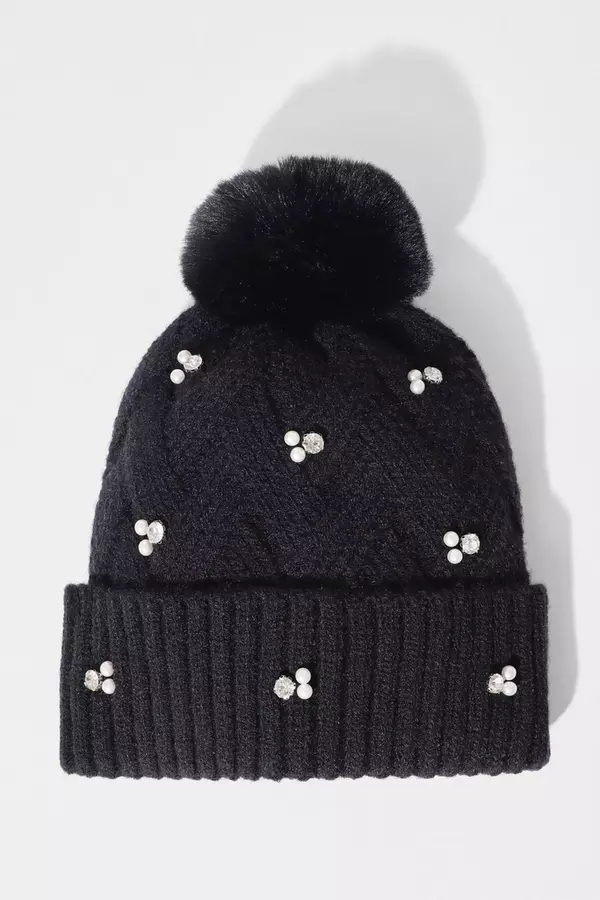Black Embellished Knit Hat