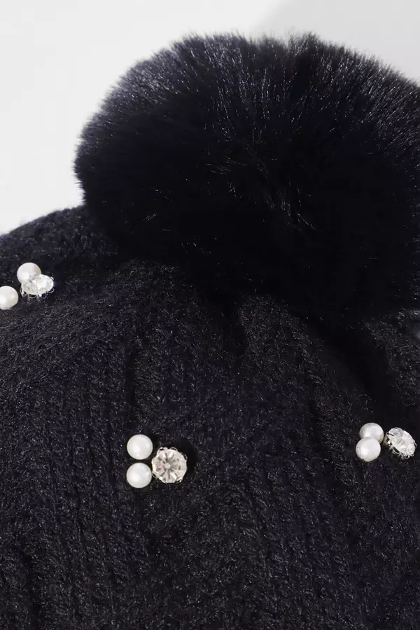 Black Embellished Knit Hat