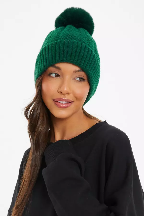 Green Knit Pom Pom Hat