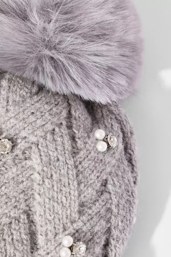 Grey Embellished Pom Knit Hat