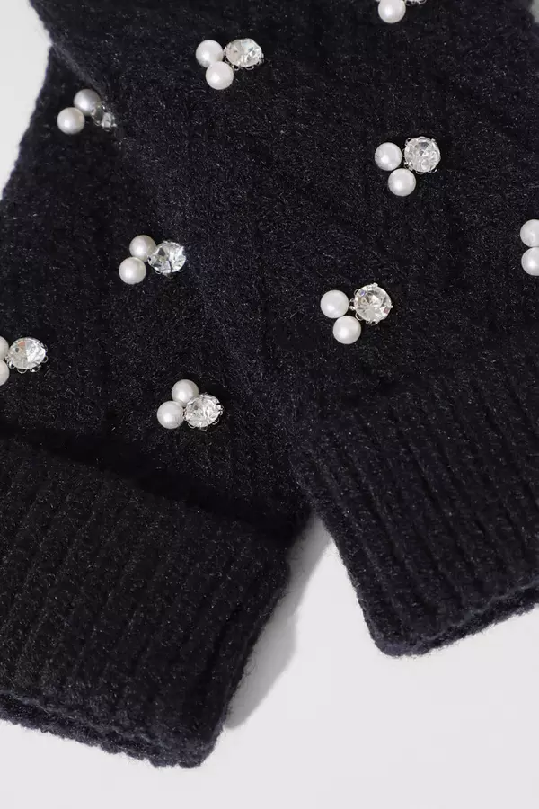 Black Embellished Knit Gloves