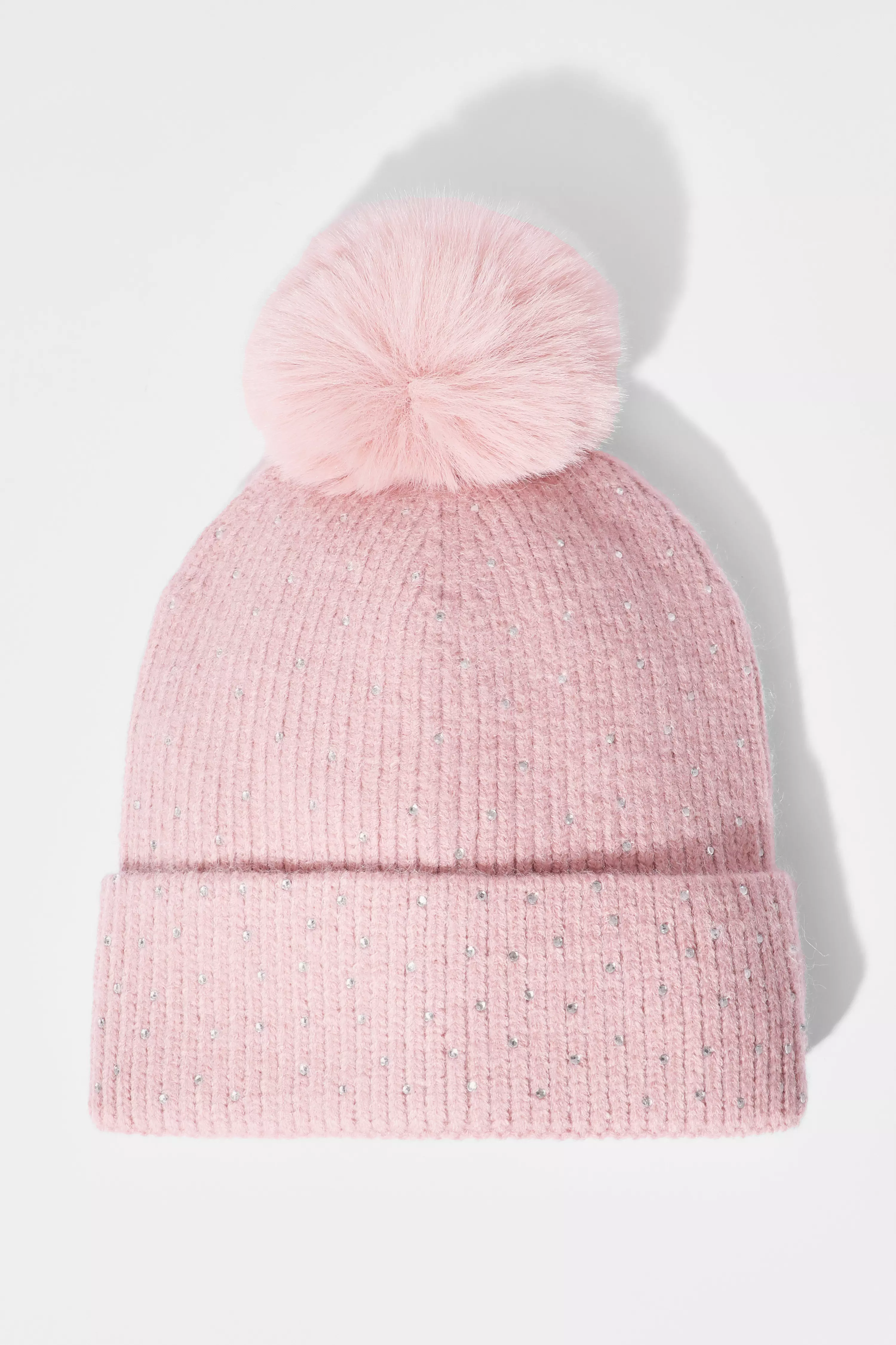 Pink Diamante Pom Knit Hat