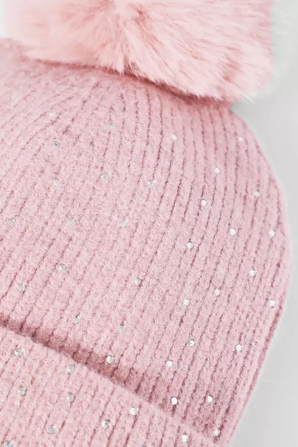 Pink Diamante Pom Knit Hat