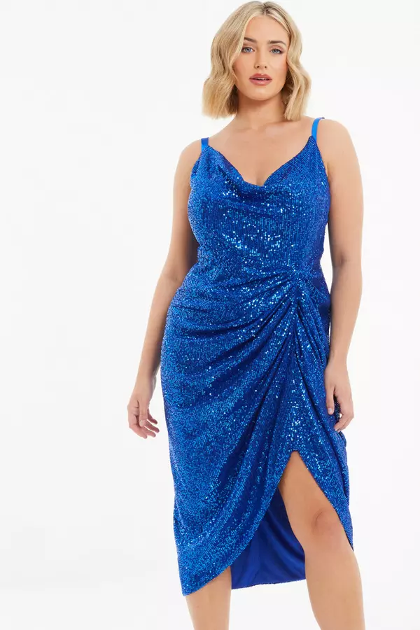 Curve Royal Blue Sequin Ruched Midi Dress