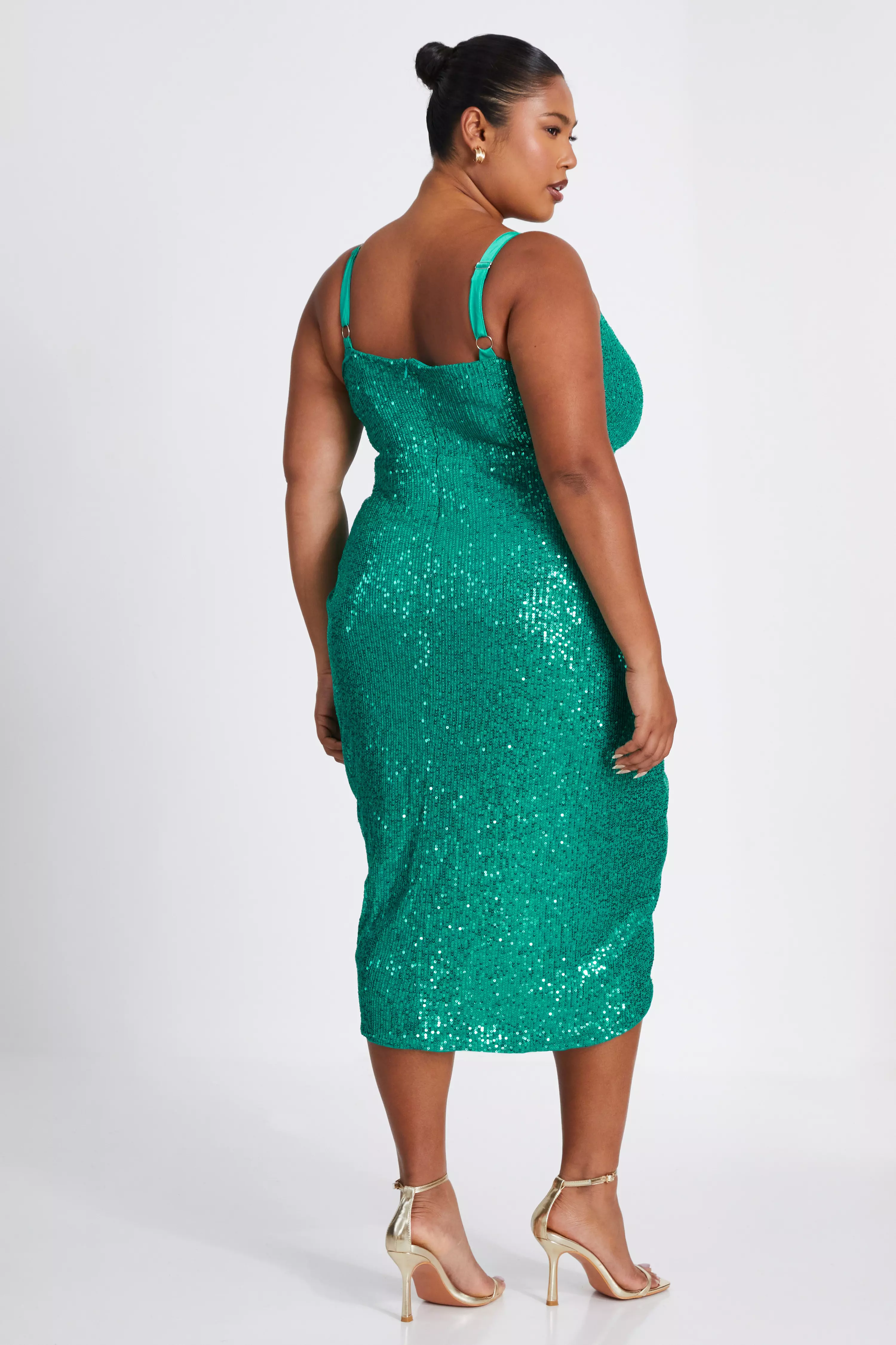 Curve Jade Green Sequin Ruched Midi Dress