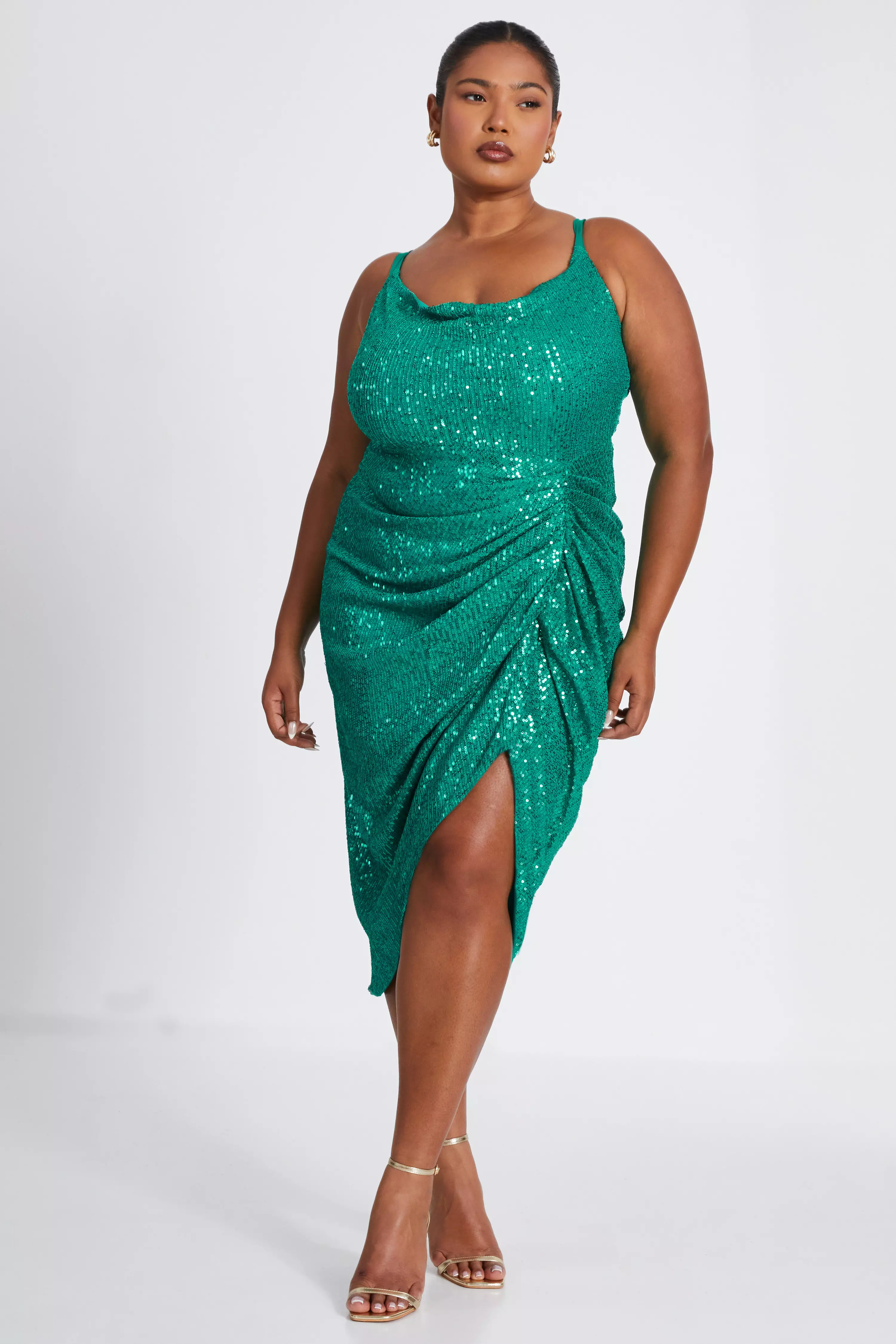 Curve Jade Green Sequin Ruched Midi Dress