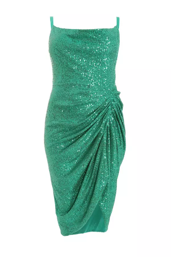 Curve Jade Green Sequin Ruched Midi Dress