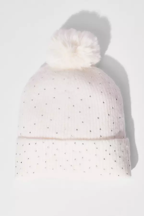Cream Diamante Pom Knit Hat