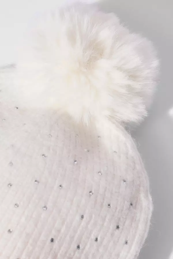 Cream Diamante Pom Knit Hat