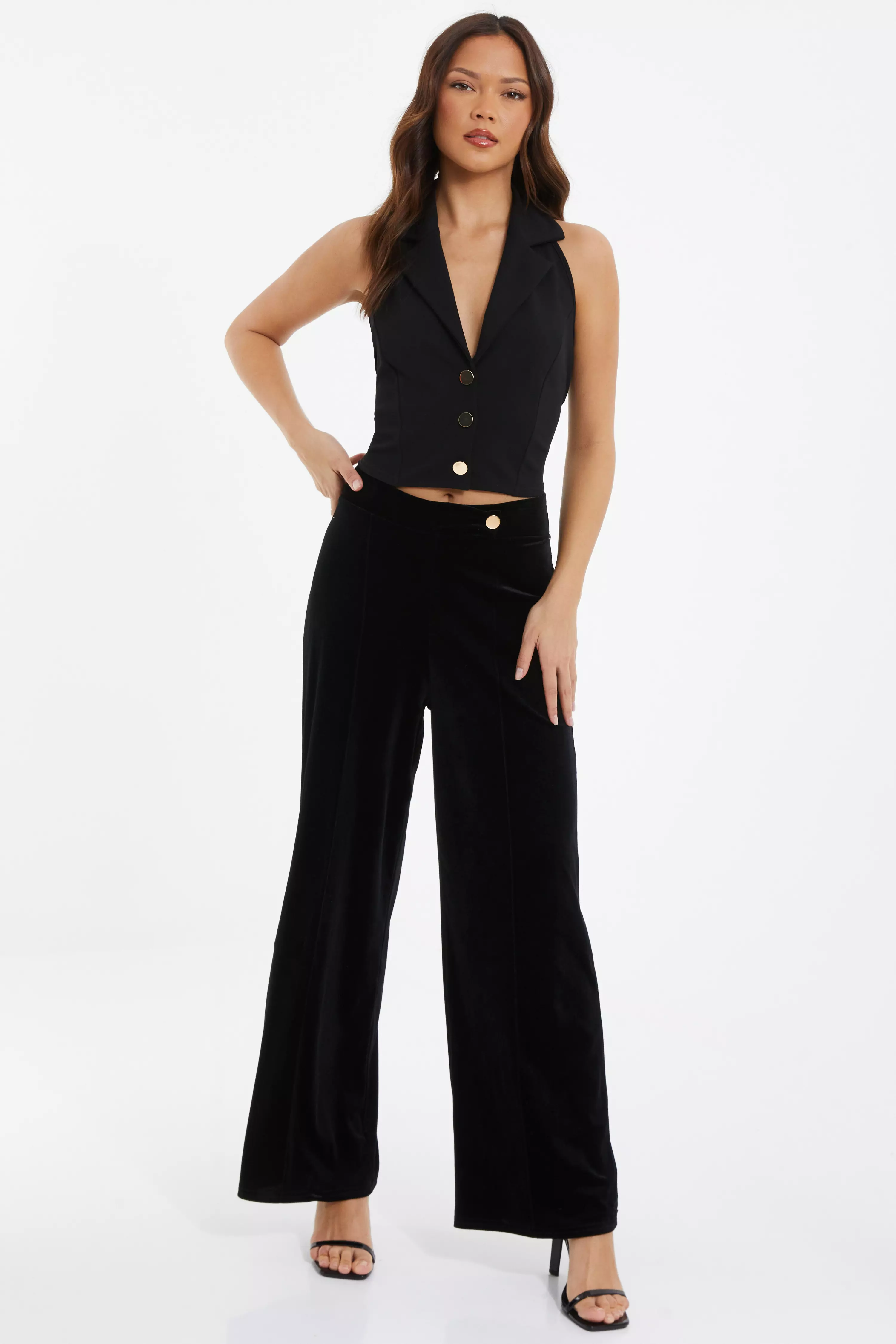 Black Velvet Button Front Palazzo Trousers