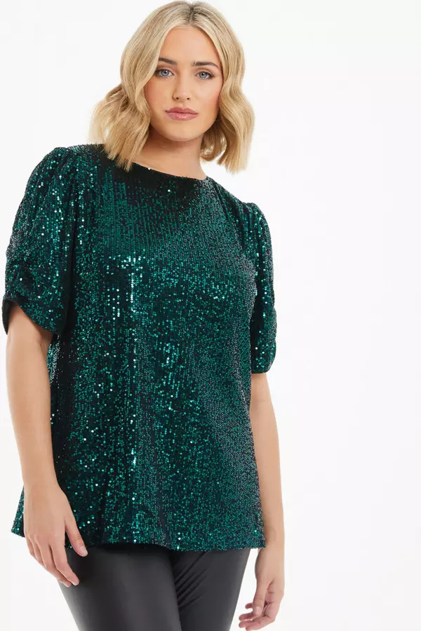 Curve Bottle Green Sequin Boxy Top