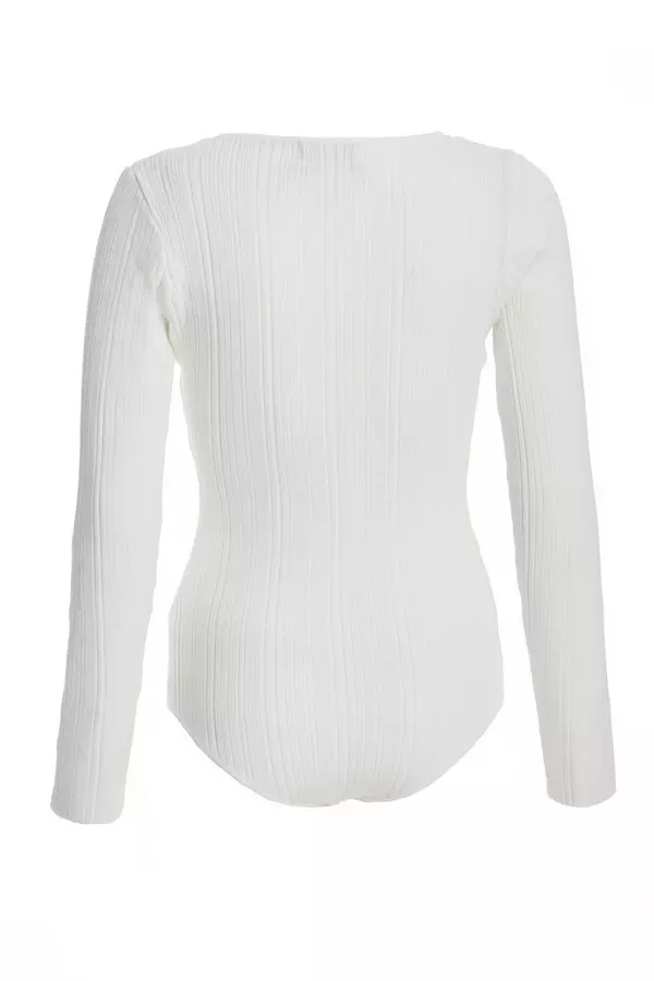 Cream Ribbed Long Sleeve Bodysuit