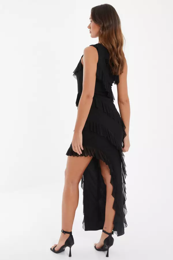Black Chiffon Asymmetric Maxi Dress