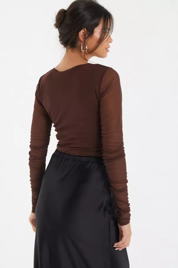 Brown Mesh Ruched Top