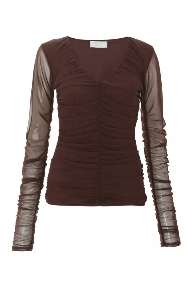 Brown Mesh Ruched Top