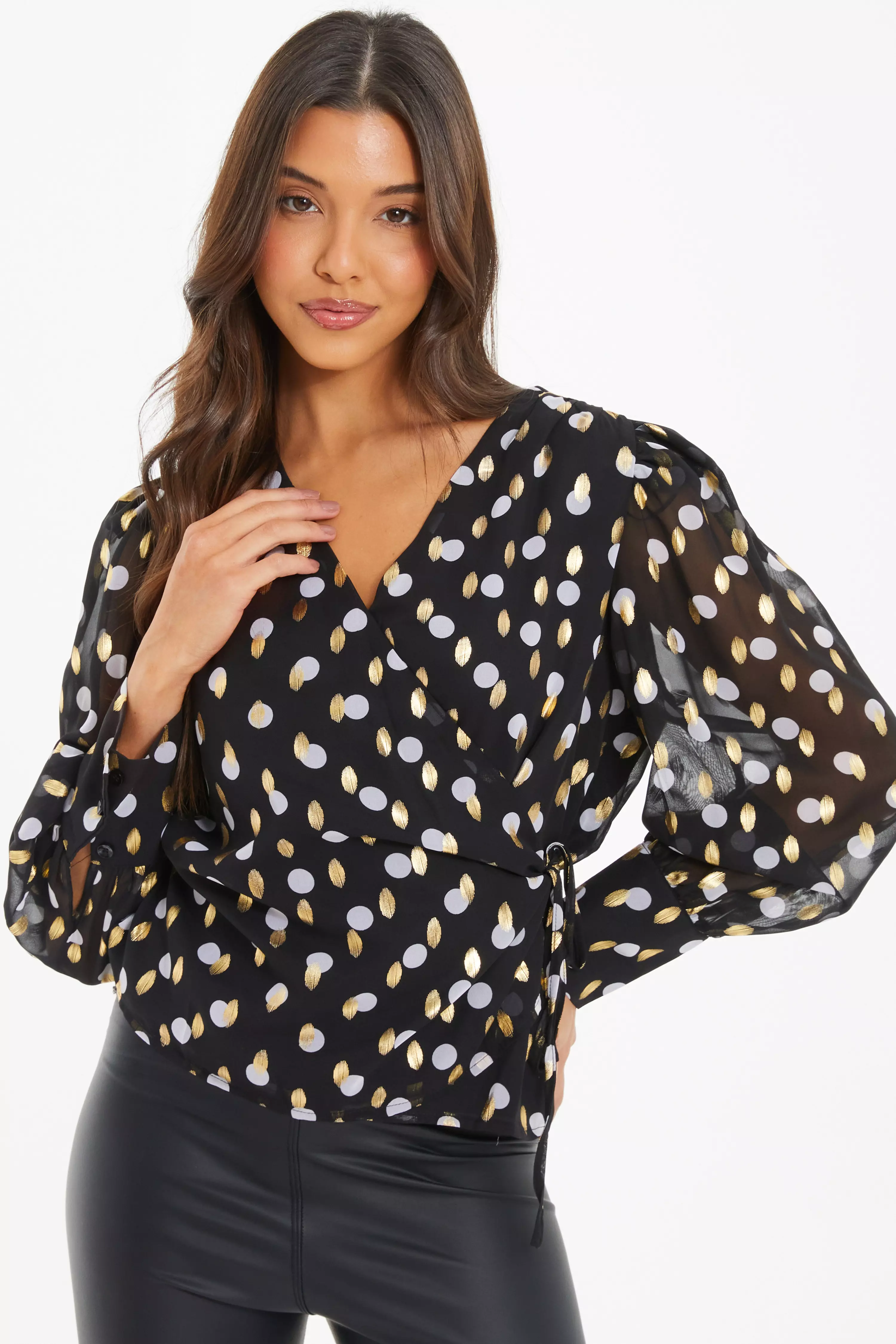 Black Polka Dot Foil Wrap Top