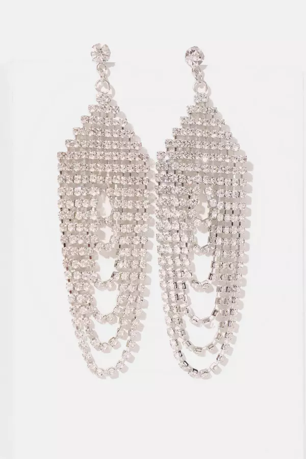 Silver Diamante Chandelier Fringe Earrings