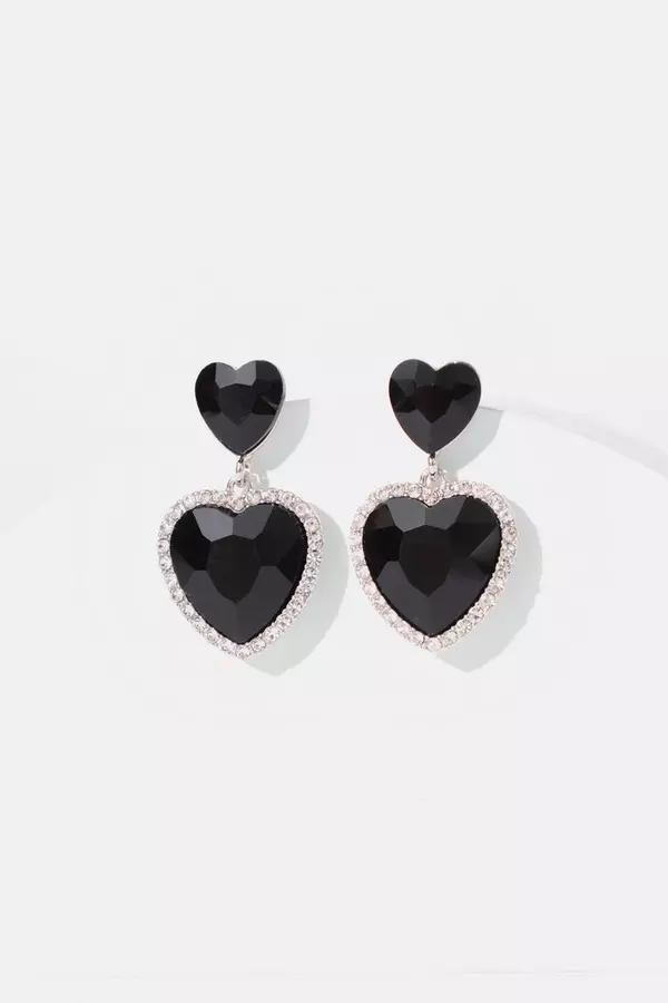 Black Heart Diamante Drop Earrings