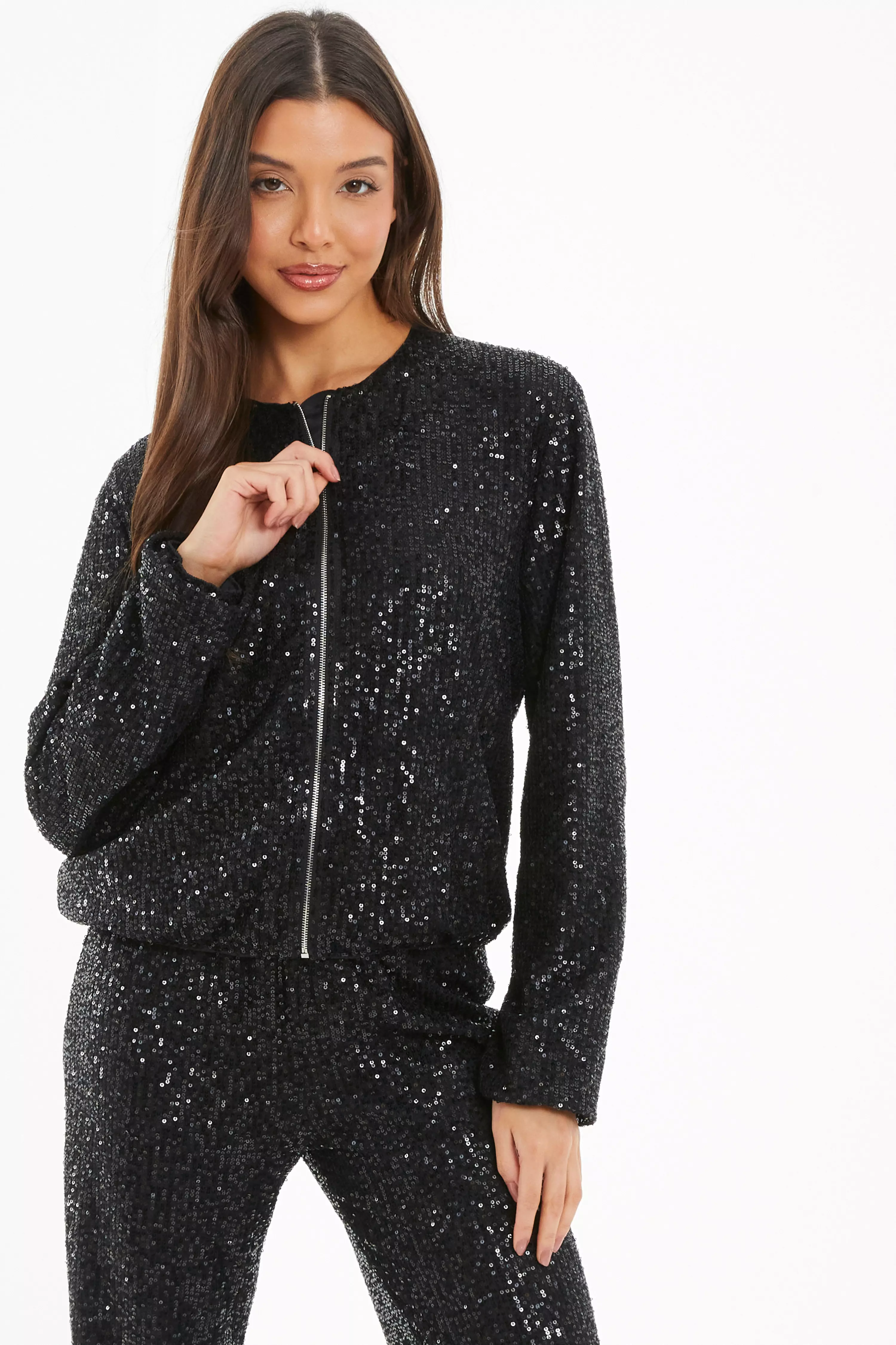 Black Sequin Bomber Jacket