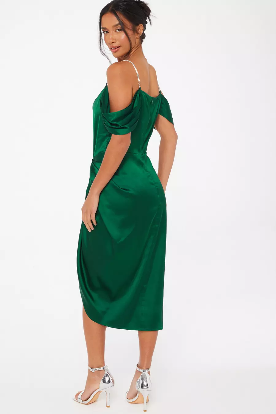 Petite Green Satin Ruched Cold Shoulder Midi Dress QUIZ Clothing