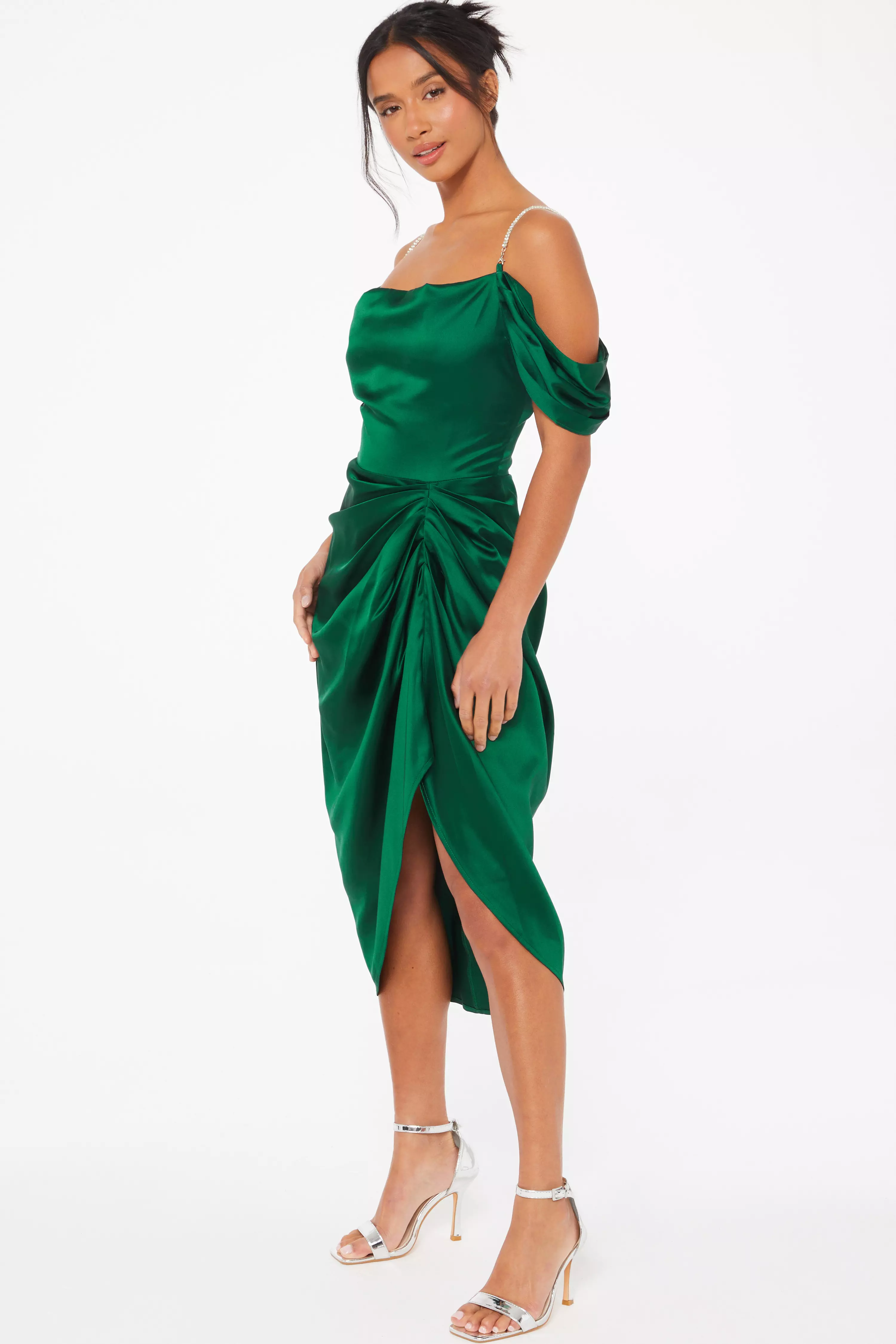 Petite Green Satin Ruched Cold Shoulder Midi Dress