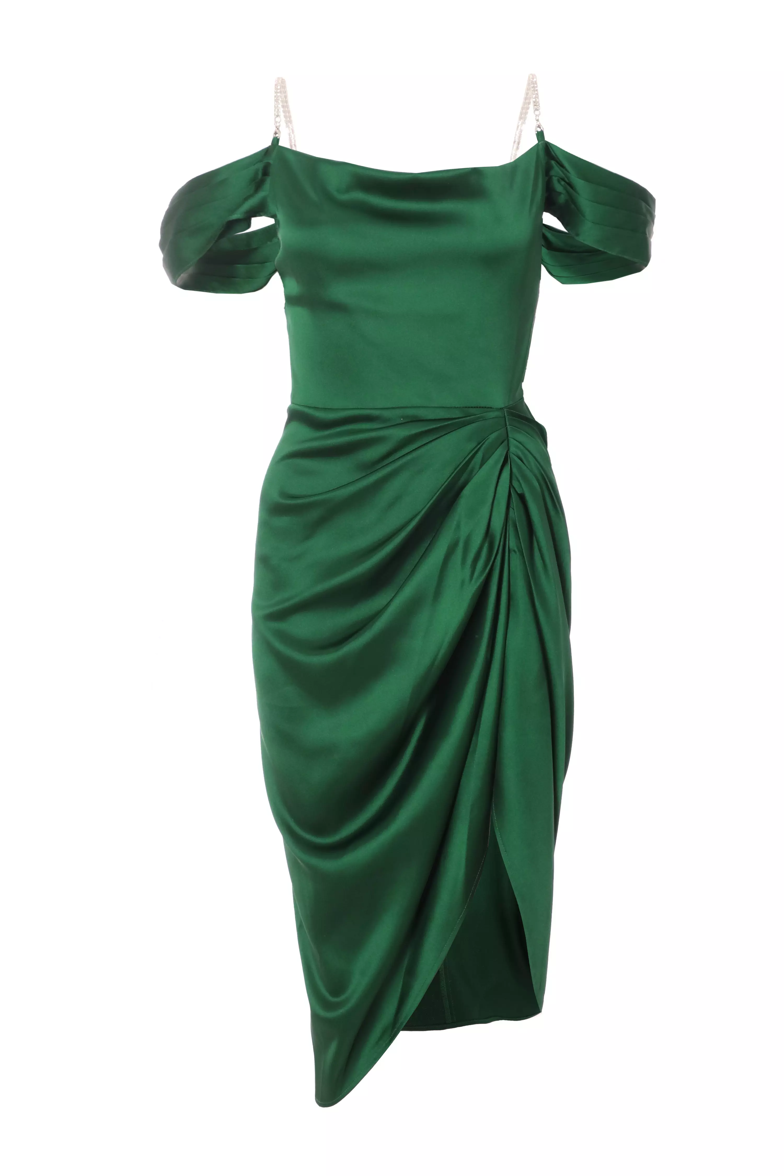 Petite Green Satin Ruched Cold Shoulder Midi Dress
