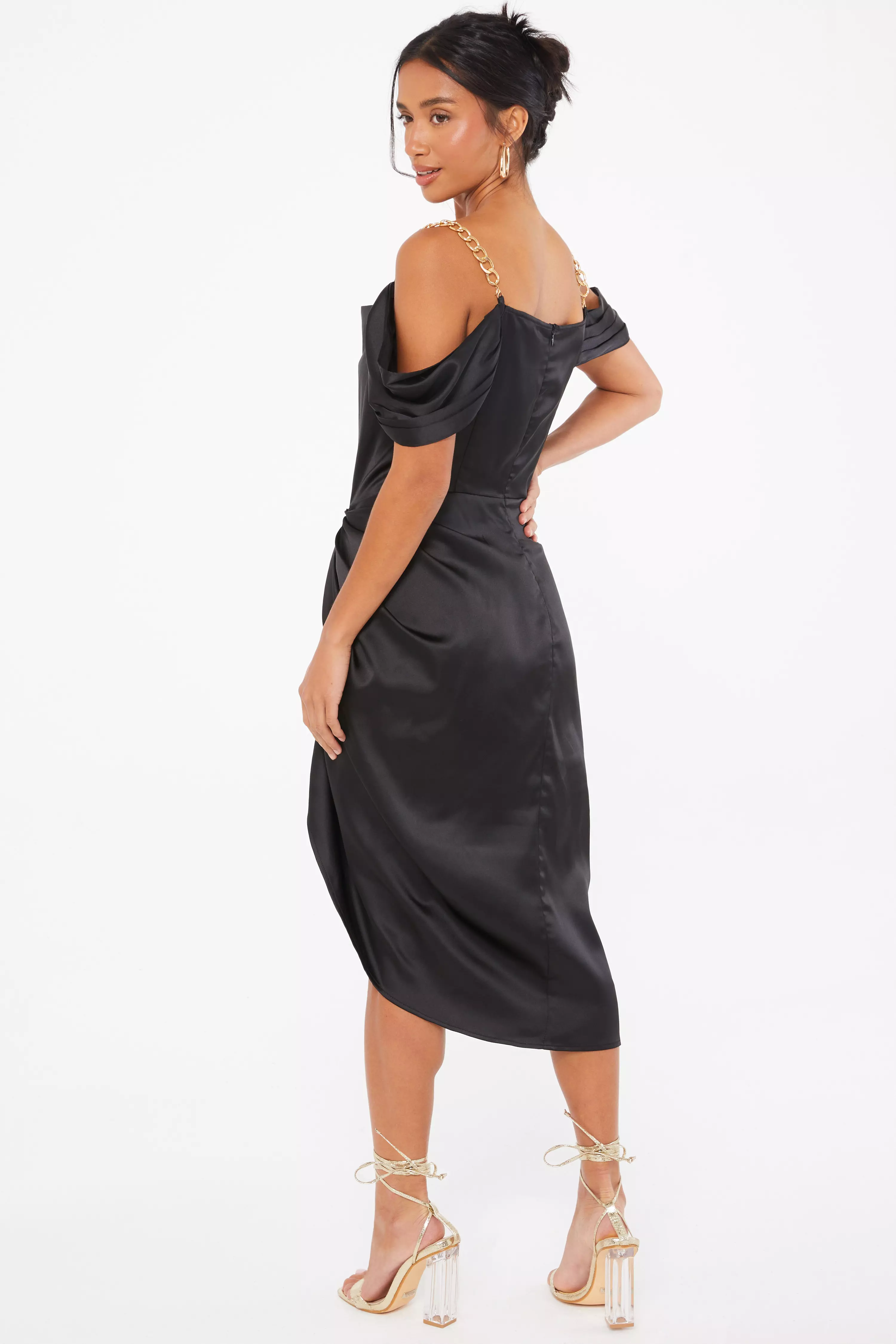 Petite Black Satin Ruched Cold Shoulder Midi Dress