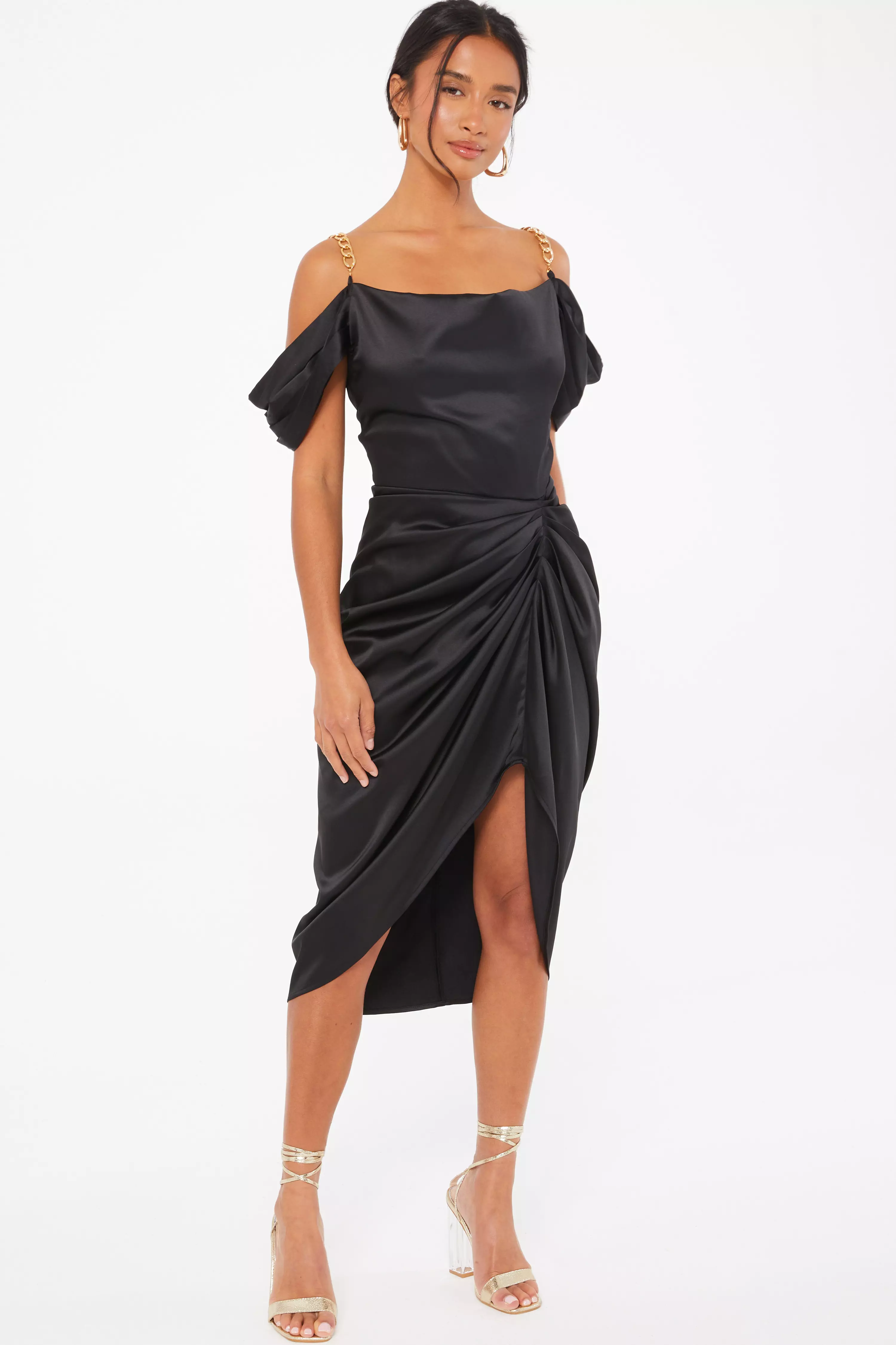 Petite Black Satin Ruched Cold Shoulder Midi Dress