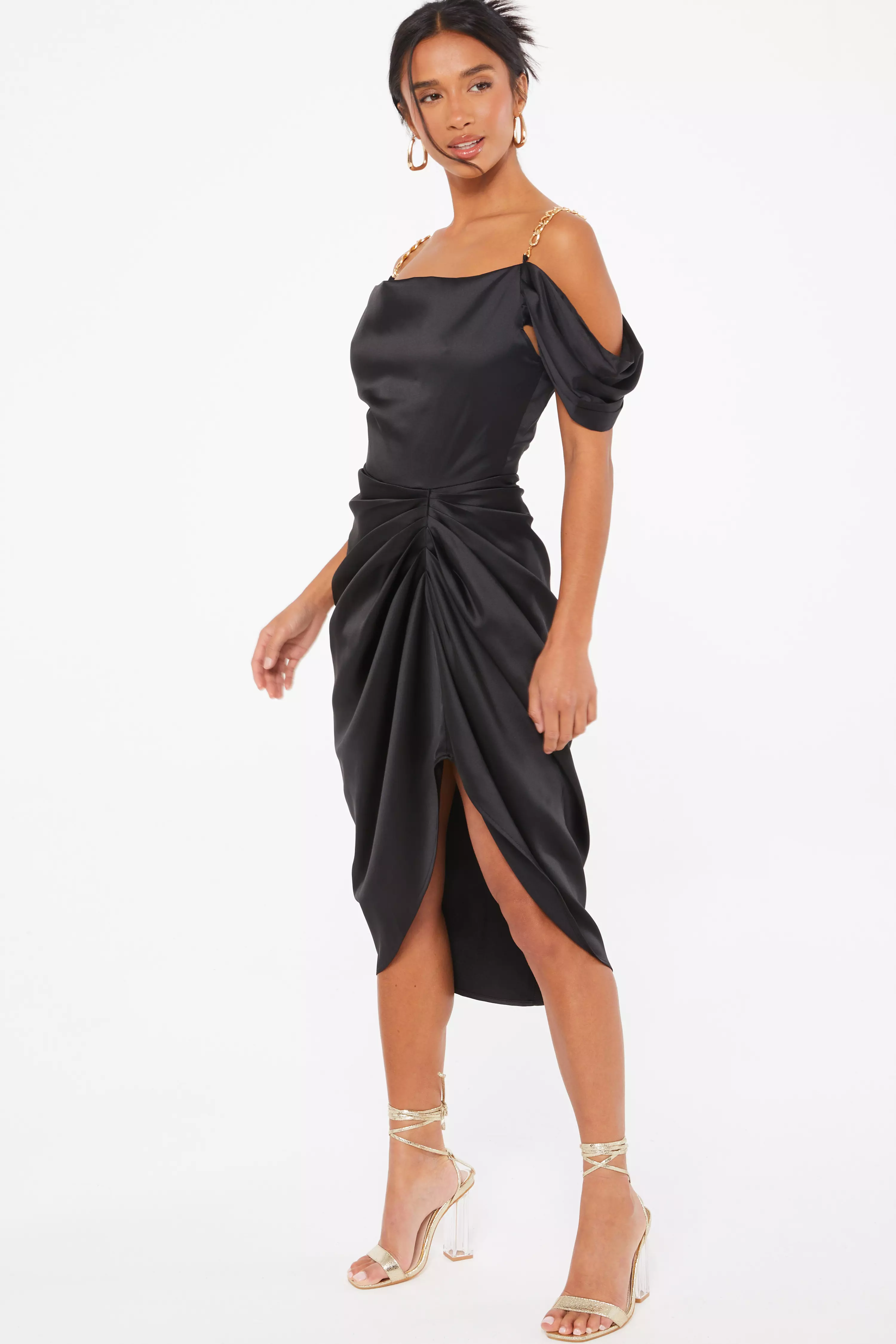 Petite Black Satin Ruched Cold Shoulder Midi Dress